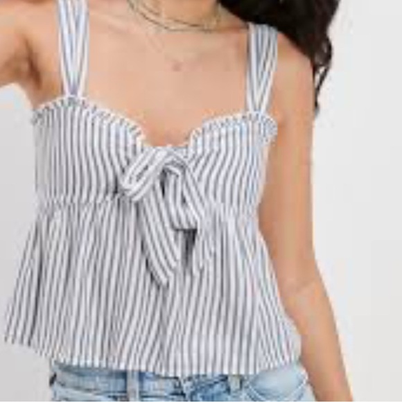 NWT AE Tie-Front Babydoll Blouse Blue/White Stripe. Sweetheart Neck Sleeveless S - Picture 1 of 16